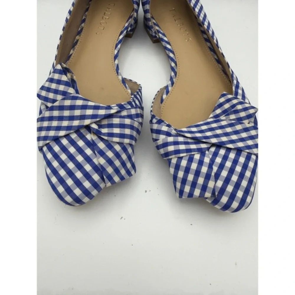Talbots Gingham Bow D'Orsay Flats Blue White Low Block Heel 6M. ‎       1652